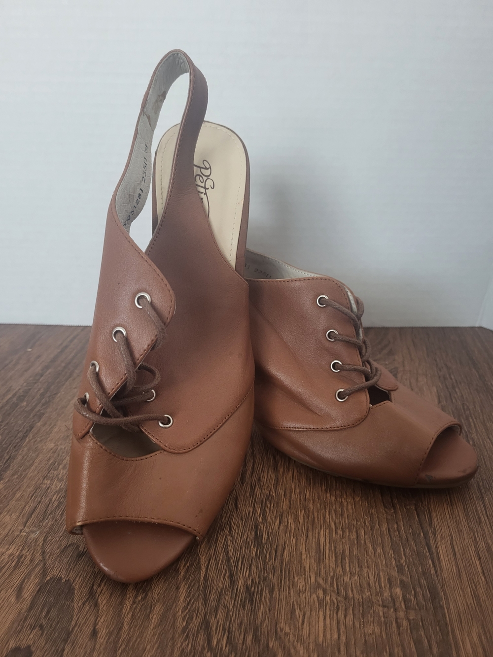 Brown Leather Peep-Toe Slingback Heels
